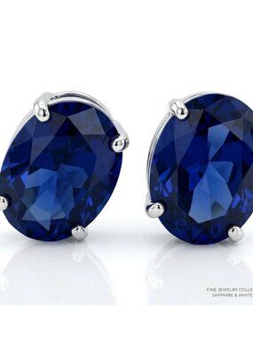Genuine 3.42 Cts Blue Sapphire Stud Earrings 14k White Gold